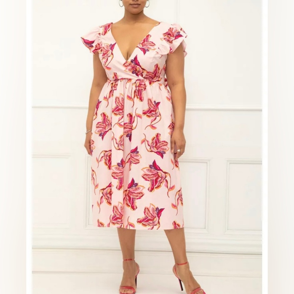 ELOQUII Elements Women's Plus Size Surplice Midi Dress with Ruffle Sleeves Sz 16